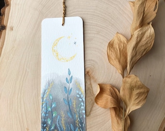 Original Golden moon watercolor bookmark, Handmade painting for book lovers.