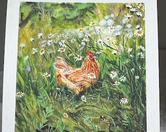 Original Gouache Painting, Chicken art wall, rustic art landscape, Original and Prints