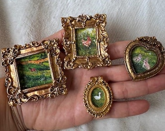 Miniature gold framed art magnet, Tiny Countryside animals art