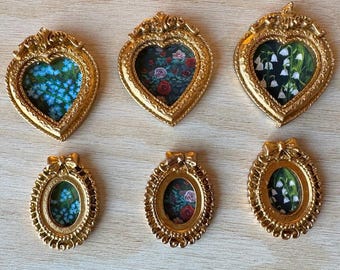 Floral decorative miniature framed art magnet, Forget me not, Lily of the valley and Roses.