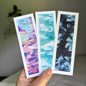 Watercolor sky bookmark, Stars and Moon Bookmarks, celestial bookmarks, Book Lover gif, Reading essentials.