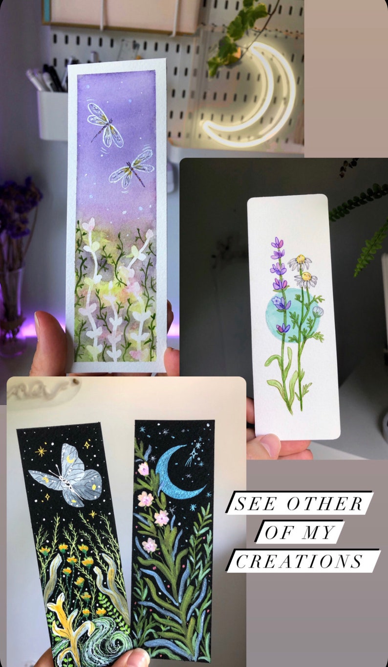 May include: Four watercolor bookmarks featuring different nature scenes. The first bookmark shows two dragonflies flying over a field of flowers. The second bookmark shows a field of lavender and daisies. The third bookmark shows a butterfly flying over a field of flowers with a crescent moon in the background. The fourth bookmark shows a field of flowers with a crescent moon in the background. The text "See other of my creations" is visible in the bottom right corner of the image.