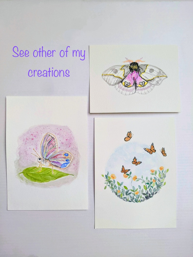 May include: Three watercolor paintings of butterflies. The first painting features a pink and blue butterfly on a green leaf. The second painting features a pink and yellow moth with black markings. The third painting features a circle of green leaves and yellow flowers with five orange butterflies flying around it.
