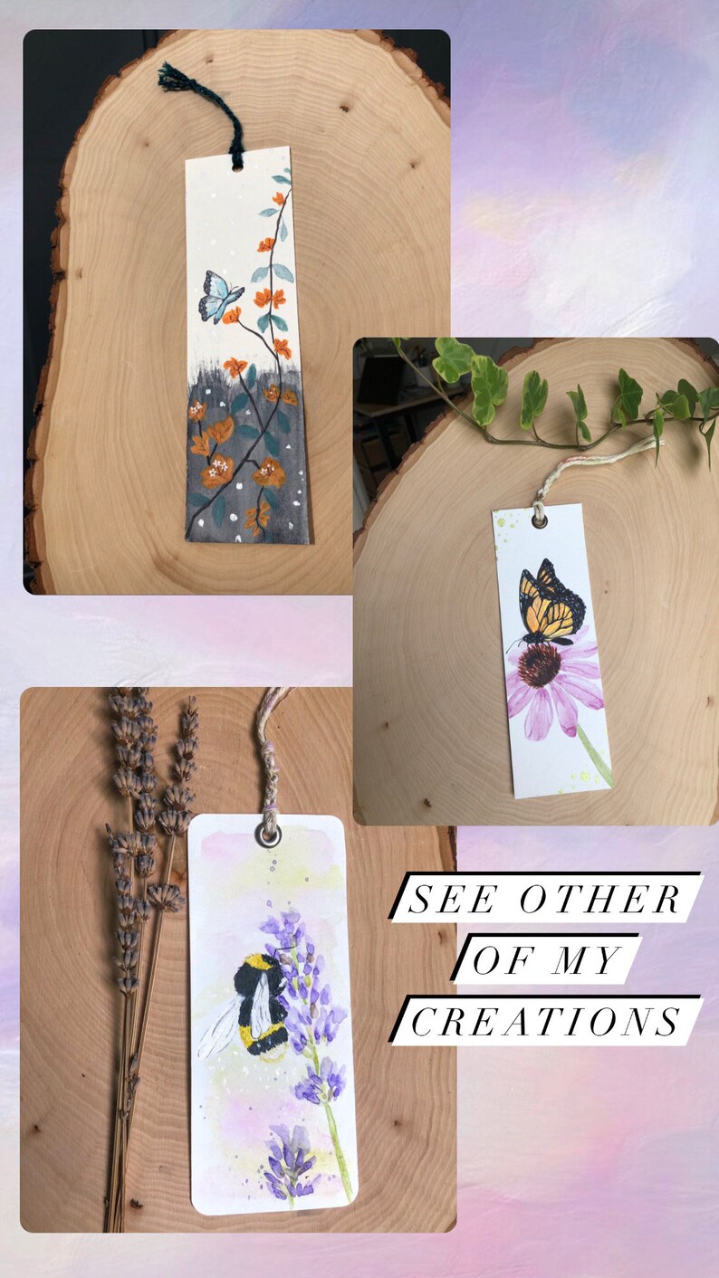 May include: Three handmade bookmarks featuring watercolor illustrations of a butterfly, a bumblebee, and a monarch butterfly. The bookmarks are on wooden surfaces and have a rustic aesthetic. The text "See other of my creations" is visible in the image.