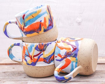 Handgemachte Keramik Kaffee Tasse: Bunt & Weiß – glasiertes Steinzeug, Regenbogen