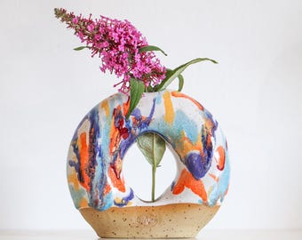 Handmade Ceramic Donut Vase: Colorful Rainbow Design