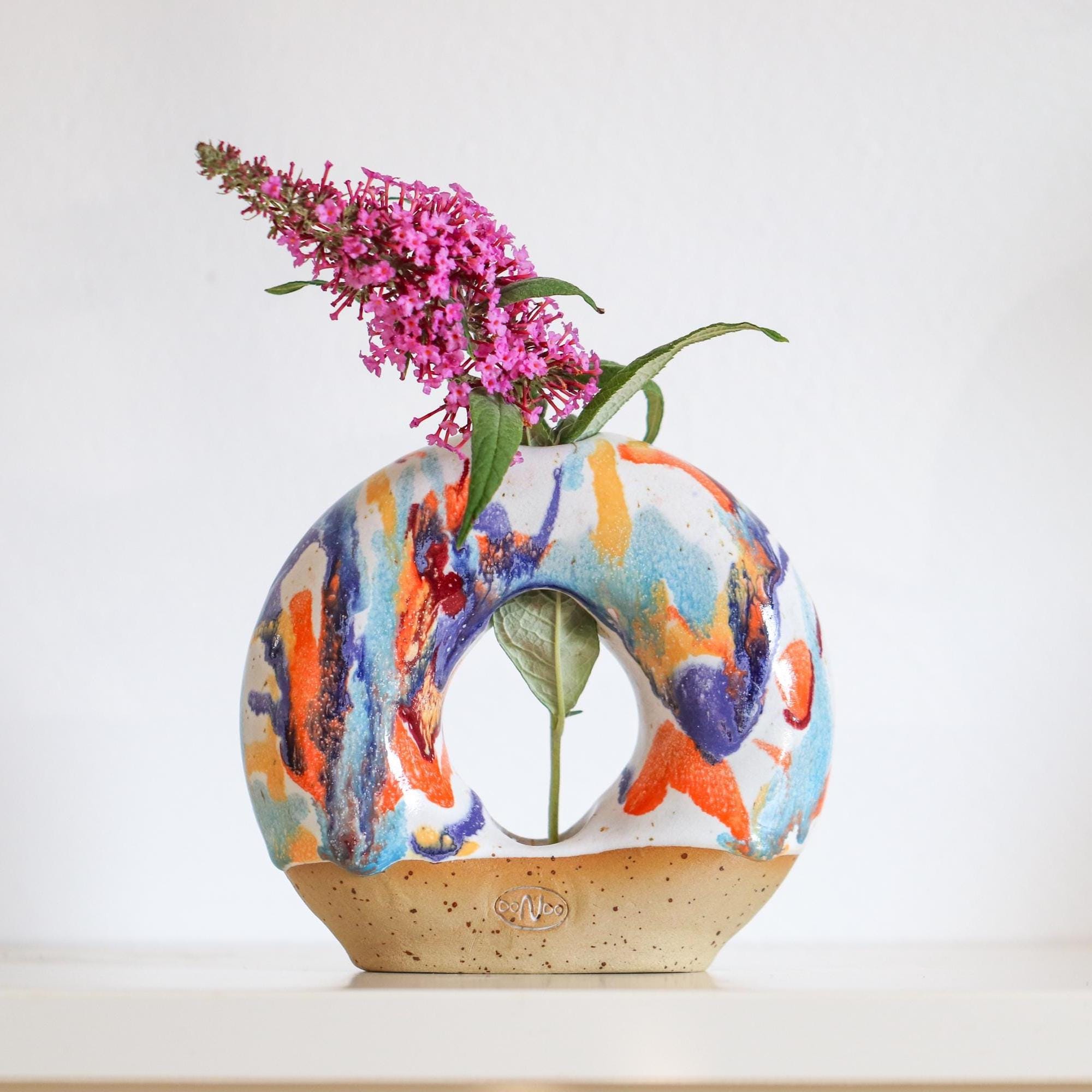Handmade Ceramic Donut Vase: Colorful Rainbow Design