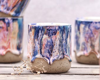 Handmade Rainbow & White Ceramic Coffee Cup: Glazed Stoneware Pottery