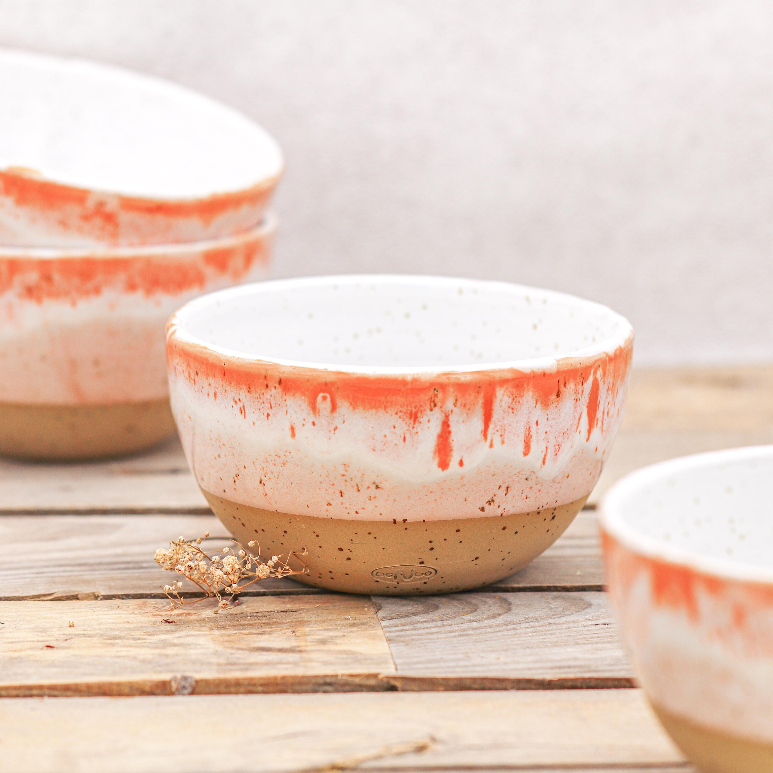 Handmade Glazed Stoneware Bowl: Orange Red White Ceramic Pottery