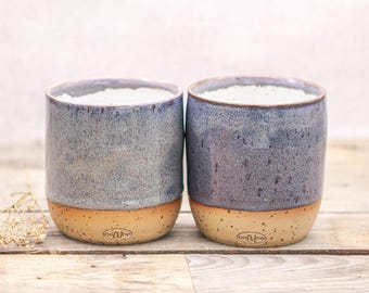 Handgemachter Keramik Kaffeebecher: Grau & Weiß – glasiertes Steinzeug, Tasse ohne Henkel