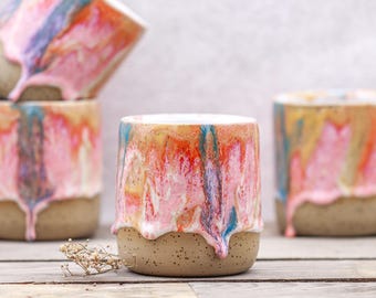 Handmade Pink Rainbow & White Ceramic Coffee Cup: Glazed Stoneware Pottery