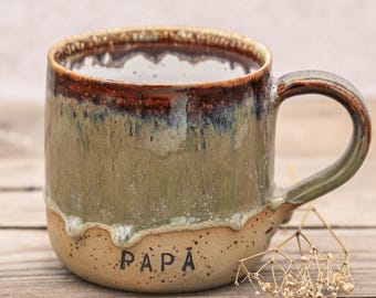 Handmade Ceramic Coffee Mug 'PAPA': Glazed Brown & White Stoneware