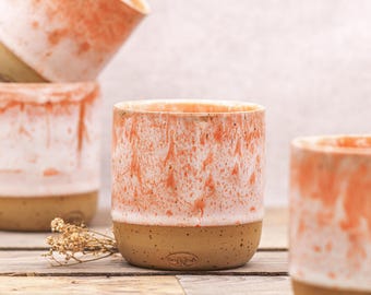 Handgemachter Keramik Kaffeebecher: Orange & Weiß – glasiertes Steinzeug, Tasse ohne Henkel