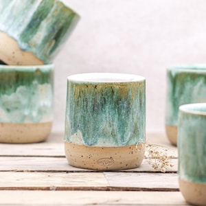 Green Handmade Ceramic Cup | Green Blue White Pottery Coffee Cup | Glazed Stoneware | Unique Gift Idea for Coffee & Tea Lovers