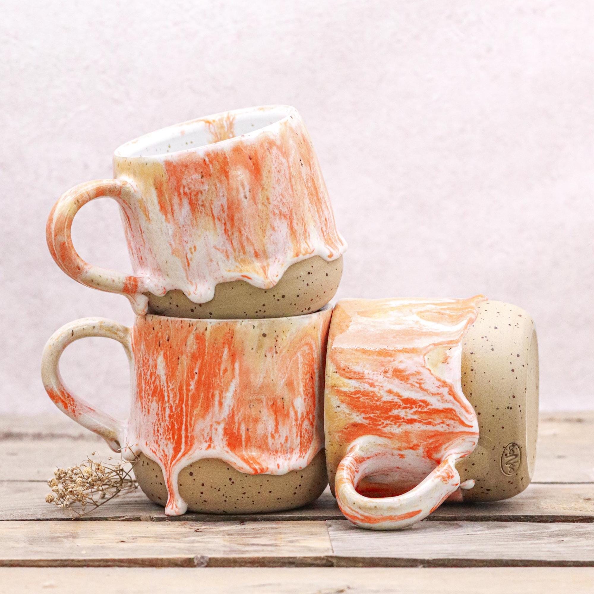 Handgemachte Keramik Kaffee Tasse: Orange, Gelb & Weiß – glasiertes Steinzeug