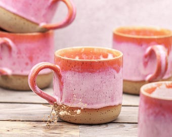 Handmade Orange, Pink & White Ceramic Coffee Mug: Colorful Glazed Stoneware Pottery
