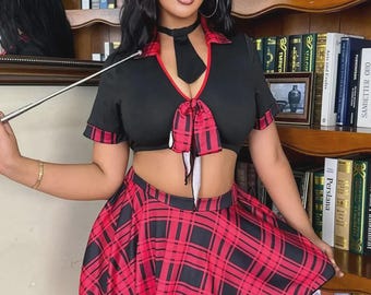 プラスサイズ セクシー スクールガール コスチューム、いたずら好きな先生のランジェリー セット、グラマーな生徒のロールプレイ衣装、赤いチェック柄のスカート、セクシーな司書のコスプレ