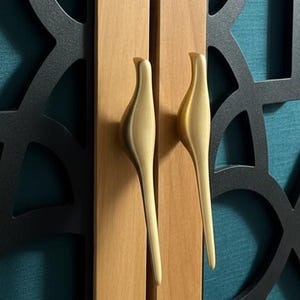 Peut inclure: Gros plan sur une armoire en bois à deux portes et des poignées décoratives. Les portes de l'armoire sont brun clair, avec des poignées dorées. L'arrière-plan présente une surface bleu-vert avec un motif géométrique noir.