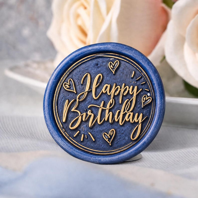 May include: A navy blue wax seal with gold lettering that reads "Happy Birthday." The seal is round with a raised border and features small heart designs. The background includes a white plate and soft pink and white flowers.