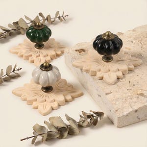 Ceramic knob with wood backplate for cabinet, pumpkin ivory cream knob, dark green knob, hand-carved wooden knob
