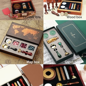 May include: Assortment of wax seal kits in different box styles.  The kits include wax, a spoon, a handle, and a stamp.  The boxes are made of leather, wood, paper, and green.