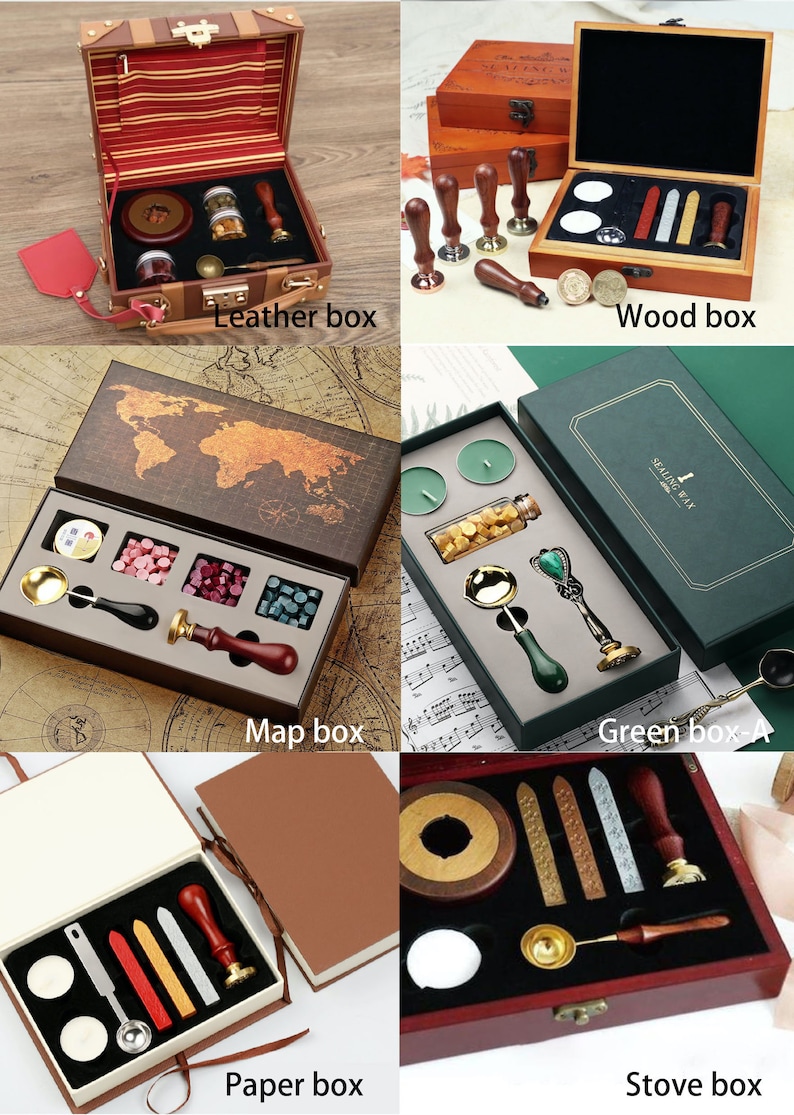 May include: Assortment of wax seal kits in different box styles.  The kits include wax, a spoon, a handle, and a stamp.  The boxes are made of leather, wood, paper, and green.
