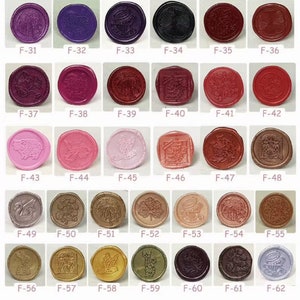 May include: Sixty-two different wax seal stamps with various designs, including animals, plants, and abstract patterns. The stamps are arranged in rows and labeled with numbers F-31 through F-62.