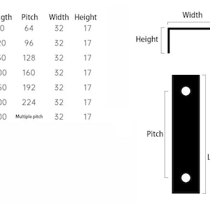 May include: Diagram showing measurements for a metal bracket. Length varies from 80 to 400, width is 32, and height is 17. The pitch also varies. Includes side and top views of the bracket.