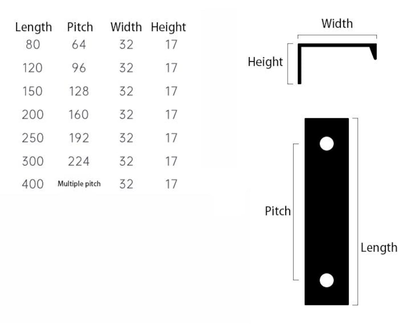 May include: Diagram showing measurements for a metal bracket. Length varies from 80 to 400, width is 32, and height is 17. The pitch also varies. Includes side and top views of the bracket.