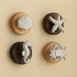 Puede incluir: Juego de cuatro colgadores de pared decorativos con una concha, una estrella de mar, un caballito de mar y un cangrejo. Cada criatura marina es blanca con detalles dorados, montada sobre una base de madera redonda. Las bases son de color marrón claro y oscuro.