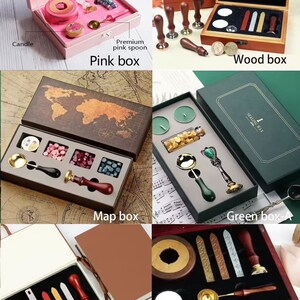 May include: Assortment of wax seal kits in various boxes. Includes pink, wood, map, green, paper, and stove boxes. Each kit contains wax beads, spoons, candles, and wax stamps. Some boxes have the text "SEALING WAX".