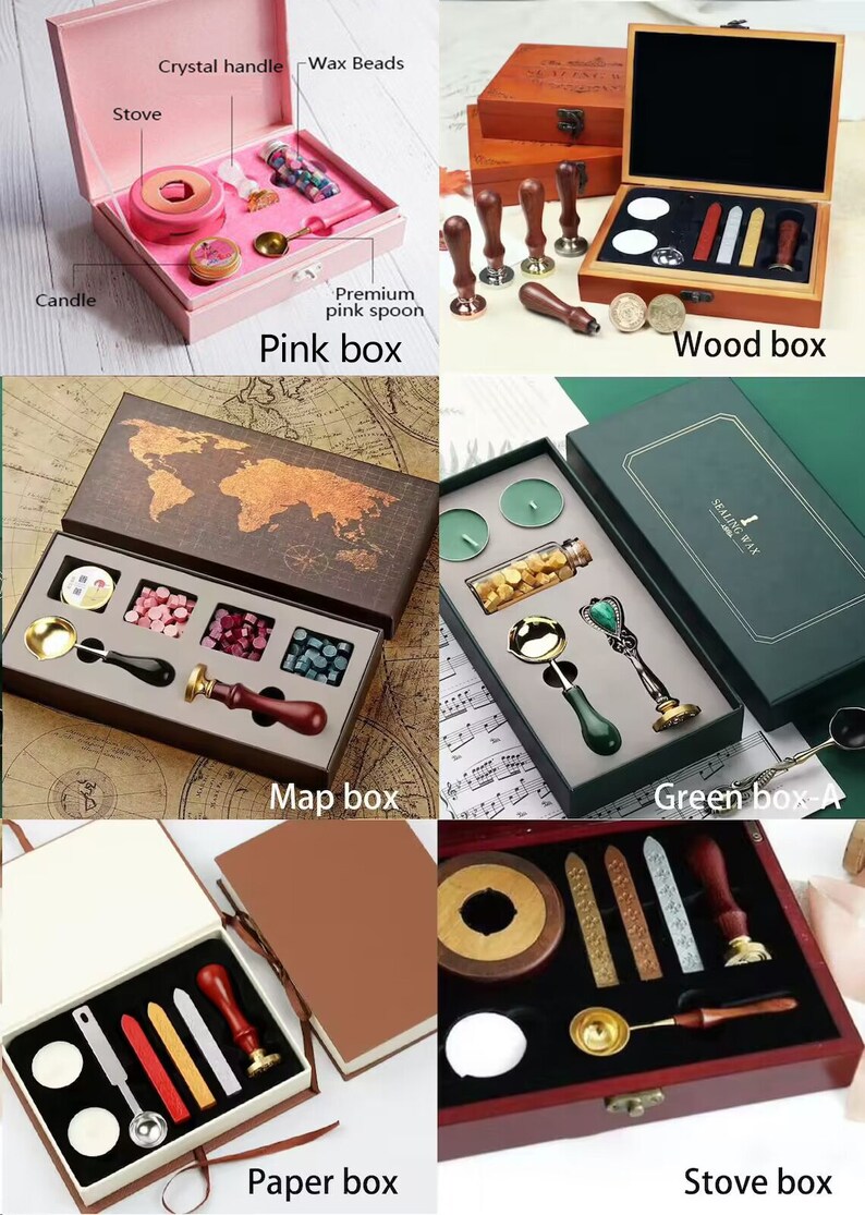 May include: Assortment of wax seal kits in various boxes. Includes pink, wood, map, green, paper, and stove boxes. Each kit contains wax beads, spoons, candles, and wax stamps. Some boxes have the text "SEALING WAX".