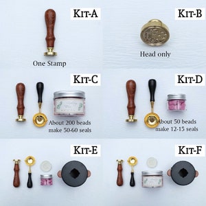 May include: Six different kits for wax sealing, each with a different combination of wax, stamp head, and handle.  Kit A includes a wooden handle and a gold stamp head. Kit B includes a gold stamp head only. Kit C includes a wooden handle, a gold stamp head, and a jar of wax beads. Kit D includes a wooden handle, a gold stamp head, and a jar of wax beads. Kit E includes a wooden handle, a gold stamp head, a jar of wax beads, and a black wax seal stamp. Kit F includes a wooden handle, a gold stamp head, a jar of wax beads, and a black wax seal stamp.