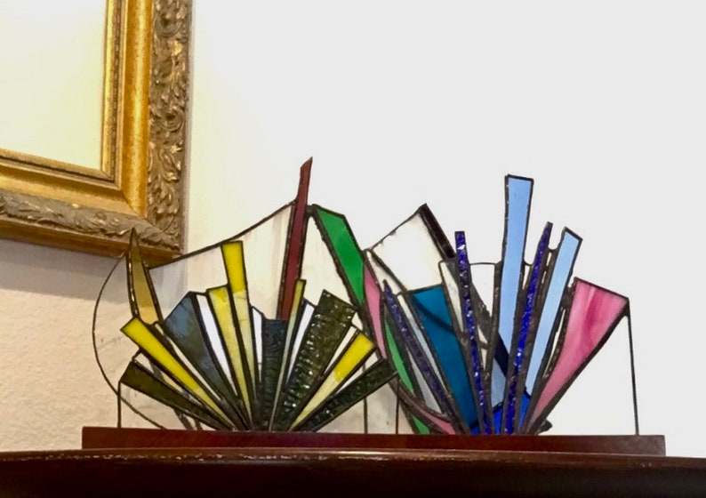 Fireworks Stained Glass Suncatcher for Table Top With Wooden Etsy