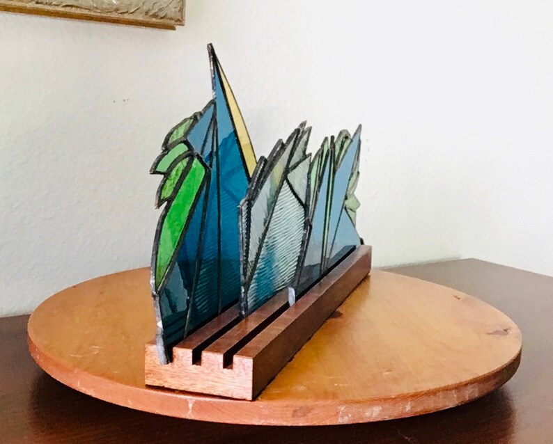 Green Flame Stained Glass Table Topper With Wooden Display Etsy