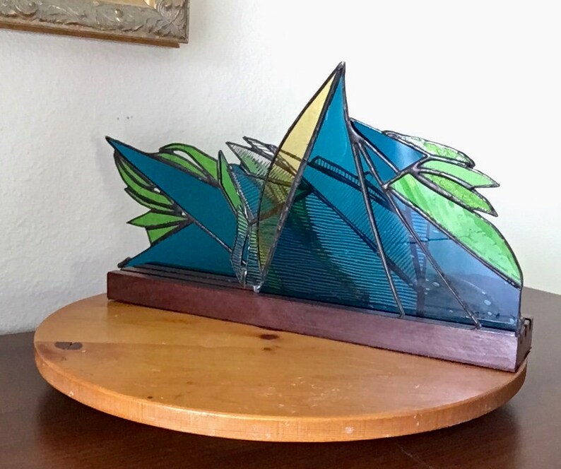 Green Flame Stained Glass Table Topper With Wooden Display Etsy