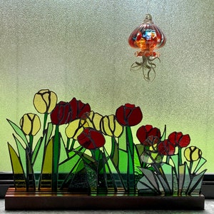 Stained Glass 3D Red and Yellow Tulips Table Topper Suncatcher