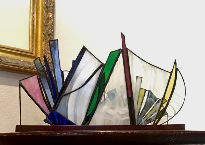 Fireworks Stained Glass Suncatcher for Table Top With Wooden Etsy