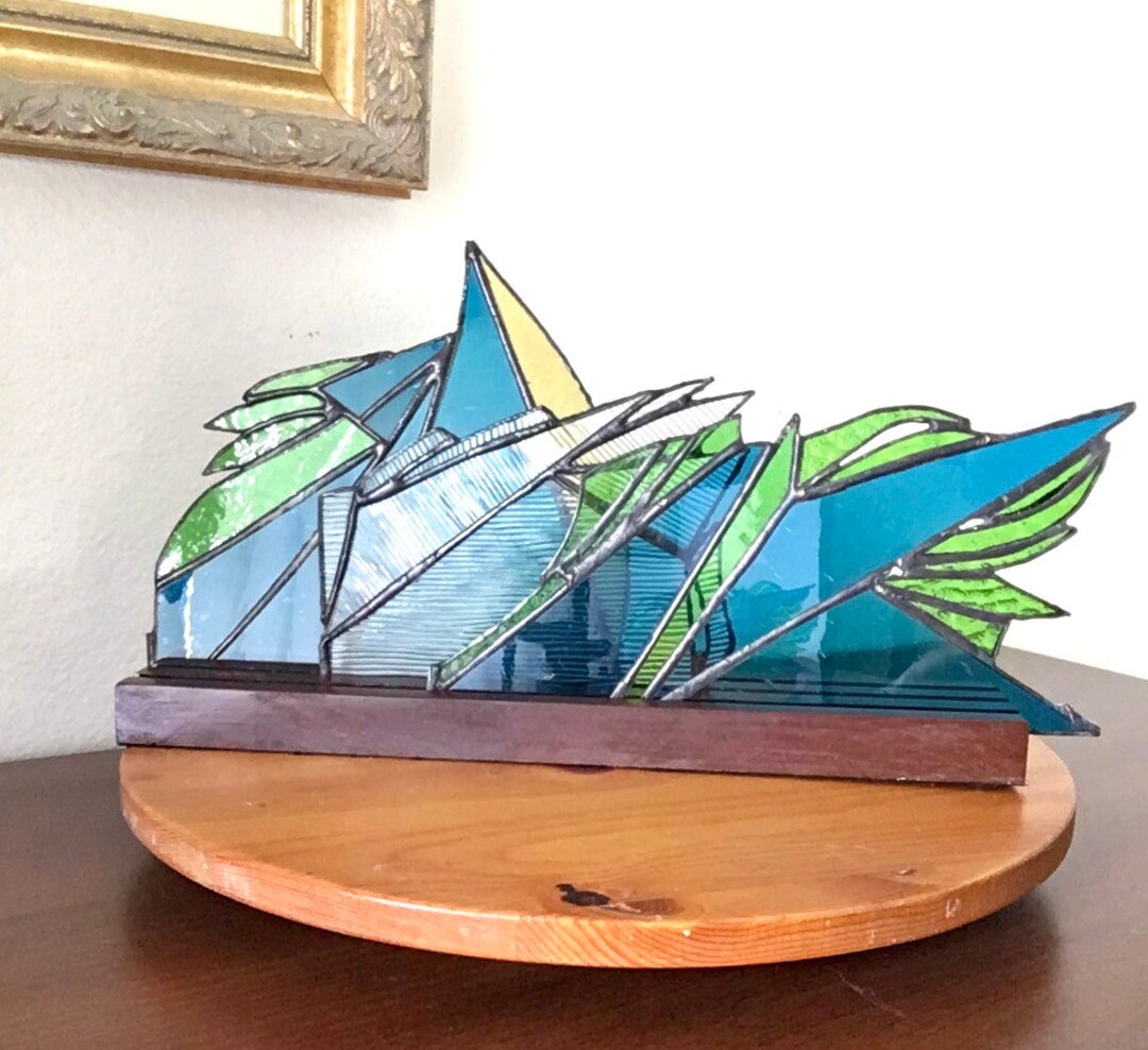 Green Flame Stained Glass Table Topper With Wooden Display Etsy