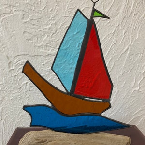 Stained Glass Sailboat Suncatcher on Driftwood