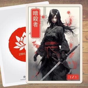 May include: A black and white illustration of a woman in a black outfit with a red sash holding a sword. The background is a grey and white watercolour wash with red splatters. The text "暗殺者" is written in red on the right side of the image. The number "1/1" is written in red at the bottom right corner of the image.