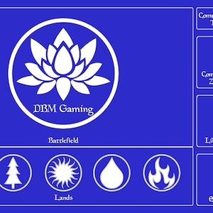 May include: A blue and white playmat for tabletop games with a white lotus flower design in the center. The mat has sections for a battlefield, graveyard, exile, library, command zone, life total, and commander tax.