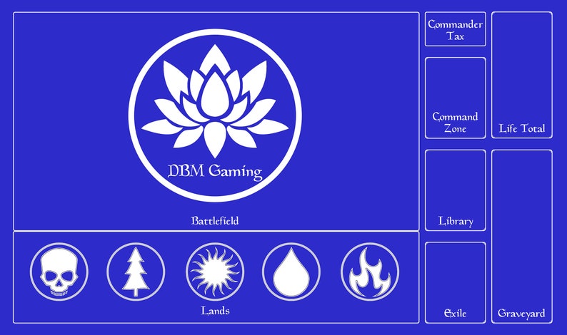May include: A blue and white playmat for tabletop games with a white lotus flower design in the center. The mat has sections for a battlefield, graveyard, exile, library, command zone, life total, and commander tax.