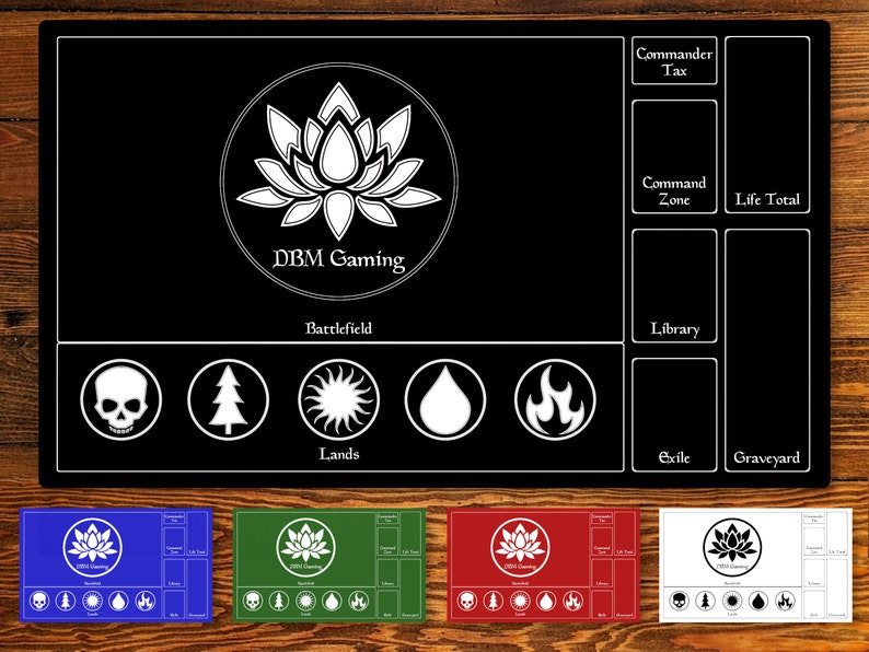 May include: Black and white playmat with a lotus flower design and the text "DBM Gaming". The playmat has sections for a battlefield, lands, library, exile, graveyard, command zone, life total, and commander tax.