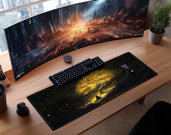 Golden Tree 16 "x 35" großes Gaming-Mauspad - Fantasy-Schreibtischunterlage mit genähter Kante - PC-Gamer Schreibtischunterlage Und Krabbeldecke