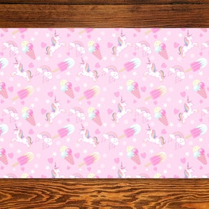 May include: Pink background with a repeating pattern of white unicorns, rainbows, stars, hearts, and ice cream cones. The ice cream cones have a pink, yellow, and blue swirl.