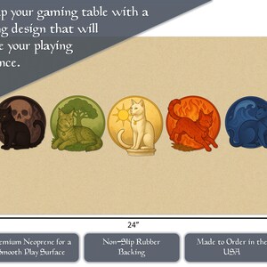 May include: A beige gaming mat, 24 inches wide and 14 inches tall, featuring five circular designs with cat illustrations. Each cat is set against a different background, including a skull, tree, sun, fire, and water.