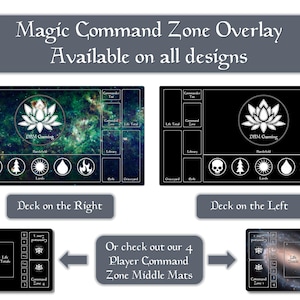 May include: Magic Command Zone Overlay mats with various designs. The image shows mats with a lotus flower logo, labeled zones, and the text "Deck on the Right" and "Deck on the Left". The mats are for a card game.