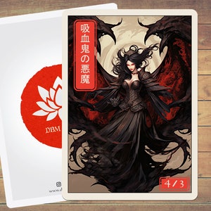 May include: A black and red fantasy card featuring a woman with black wings and a black dress. The text on the card reads "吸血鬼の悪魔". The card also has the number "4/3" on it.