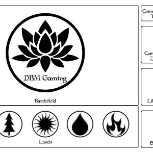 May include: Black and white playmat with a lotus flower design and the text "DBM Gaming". The playmat has sections for a battlefield, command zone, library, graveyard, exile, life total, and commander tax.
